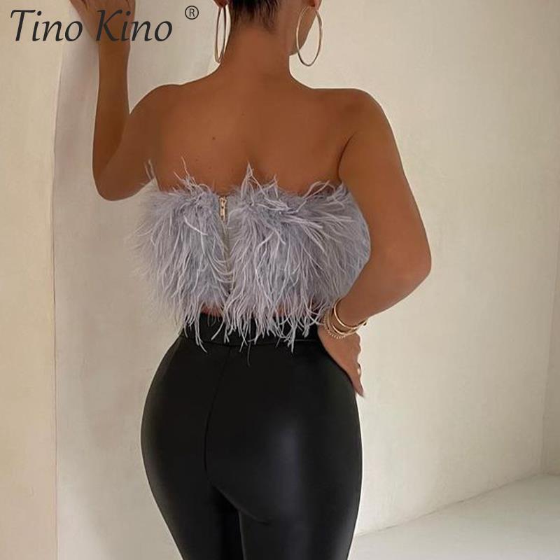 Sexy Women Furry Crop Top Camis Ostrich Feather Tank Tunic Vest Female Sleeveless Bra Party Ladies Tube Cropped Corset 220316