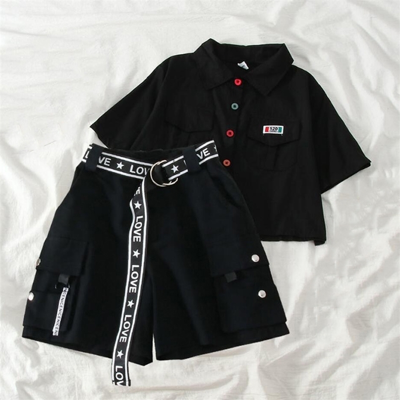 Fashion Summer Two Piece Set Ribbon Shorts With Shirt Streetwear Loose And Belt 220419, Black t
Fashion Summer Two Piece Set Ribbon Shorts With Shirt Streetwear Loose And Belt 220419, Black t