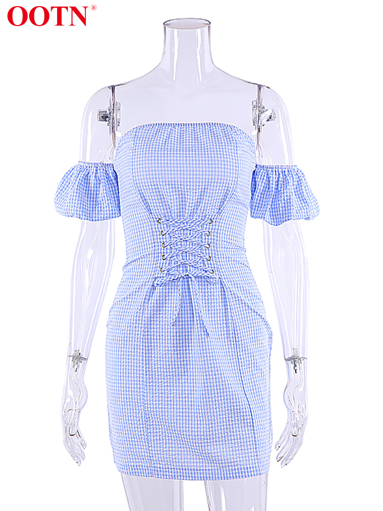 OOTN Blue White Plaid Backless Summer Dress Women High Waist Lace Up Off Shoulder Bodycon Dress Sexy Beach Short Sundress Female 220511