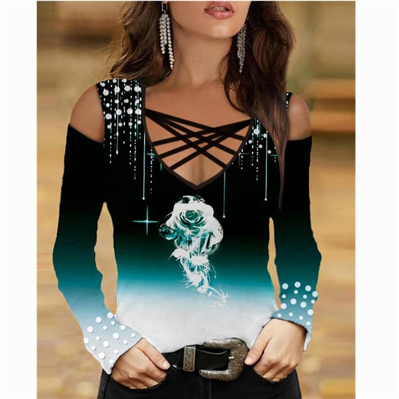 SNAKE YX Women s Cross neck Rose Print Off shoulder Slim Long sleeved Top Oversized T shirt 220714