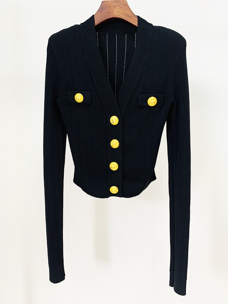 2026 new designer short knitted women's slim fit cardigan top V-neck metal buckle light brown black and white