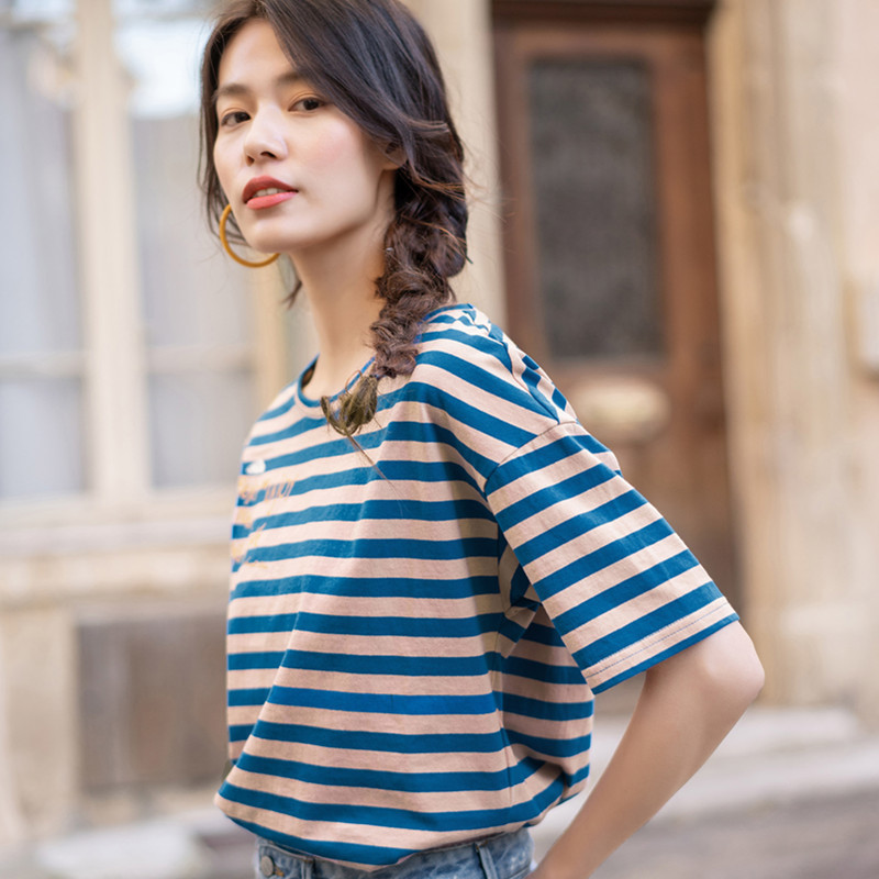 INMAN Summer Womens Tshirt Short Sleeve Woman Clothes Versatile Stripe Printing Top Women Round Collar Fashion Woman Blouse 220527