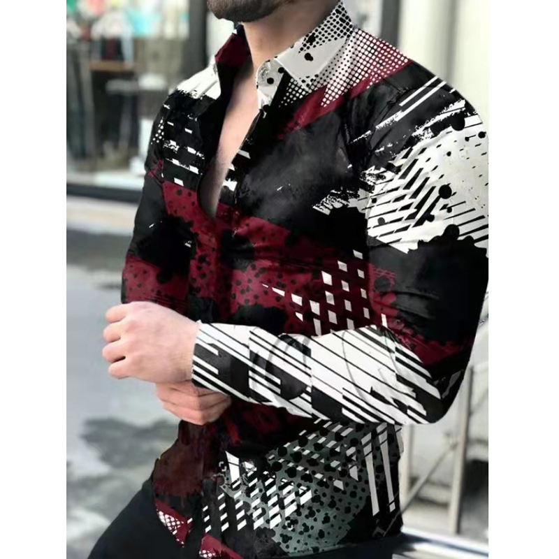 Spring Men Shirt Vintaed Color Matching Printed Long Sleeved Autumn Oversize Blouses Thin Clothing For Tees Tops 220322