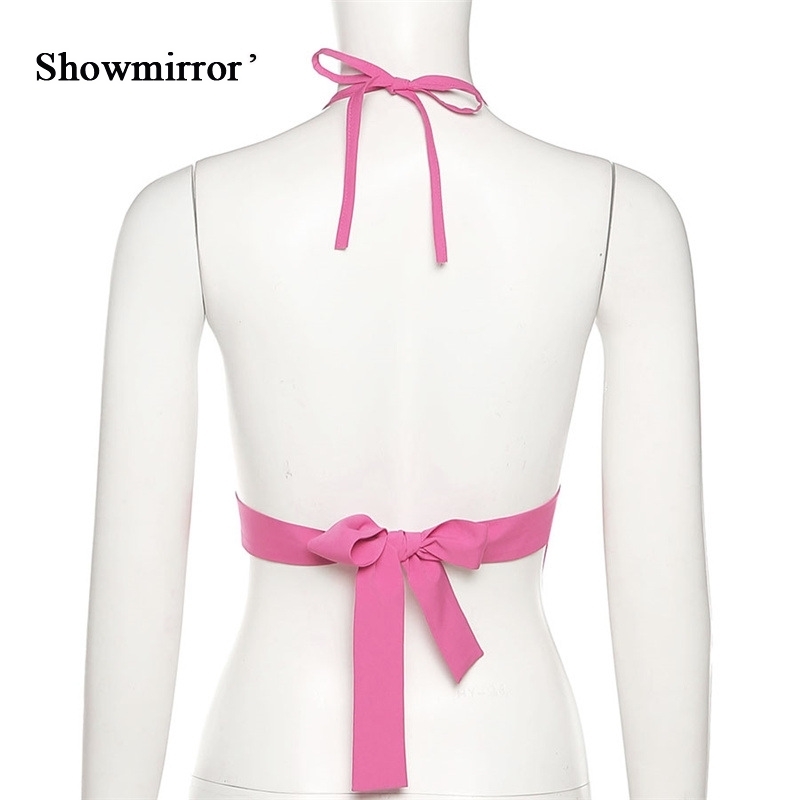 Showmirror Sexy V-Neck Halter Backless Bandage Rhombus Crop Tops For Women Summer Fashion Party Streetwear Gothic Clothes 220316