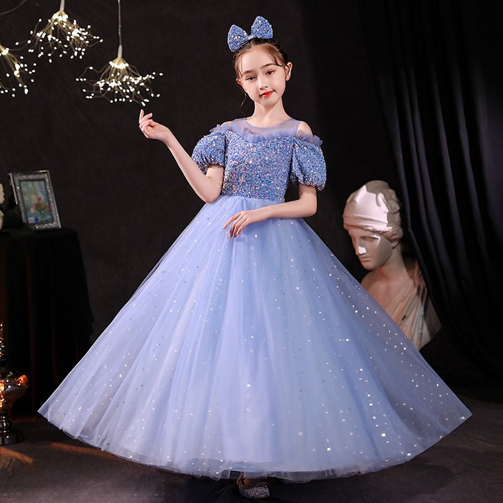 Blue Girls Pageant Sequined Toddler Gowns Jewel Long Formal Kids Party Ball Gown Flower Girl Dresses For Weddings 403