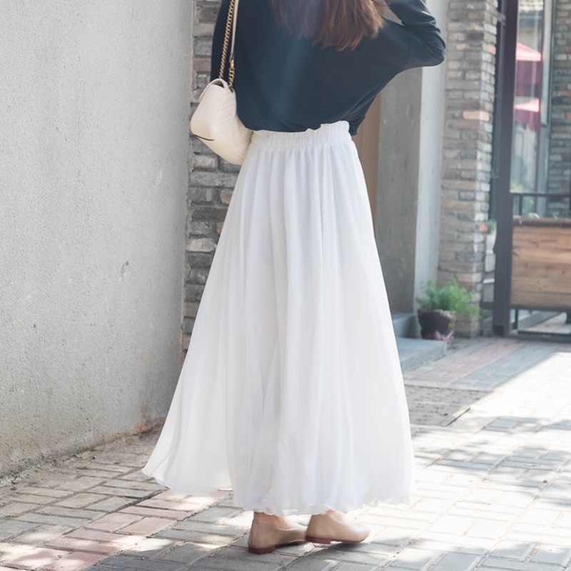 3 Layer Chiffon Long Skirts For Women Elegant Casual High Waist Boho Style Beach Maxi Saias 80/90/100cm Spring SK273 220322