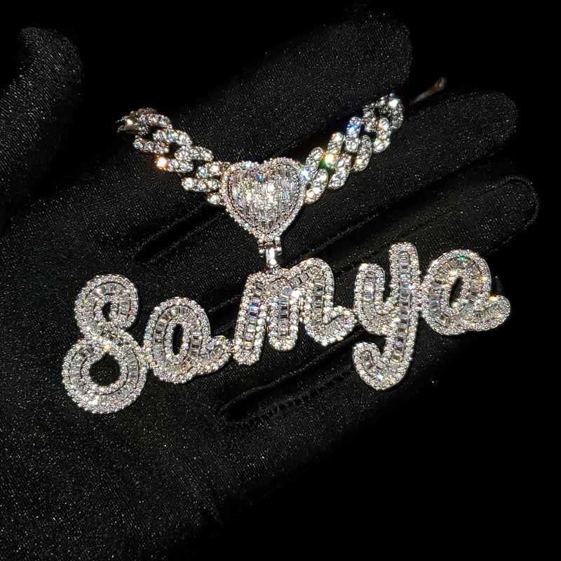 Grandbling Custom Name Necklace with Heart rhinestones Cuban Chain Word Iced Out CZ Personalized Hiphop Jewelry 220722