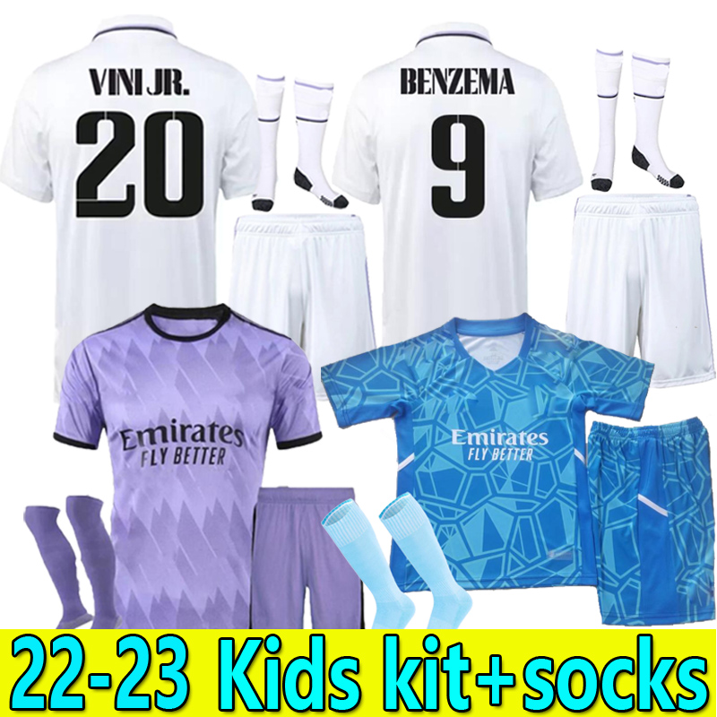 Kids kit socks 22 23 BENZEMA HAZARD soccer jerseys football shirt VINI JR CAMAVINGA KROOS MODRIC MARCELO 2022 2023 REAL MADRIDS HAZARD RODRYGO camiseta uniforms, 22/23 away kids