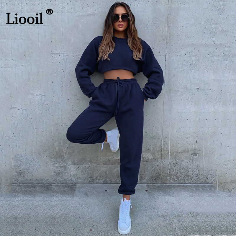 Liooil Joggers Fleece Drawstring Pencil Pant High Waist Baggy Sweatpants With Pocket Casual Fall Winter Streetwear 220325