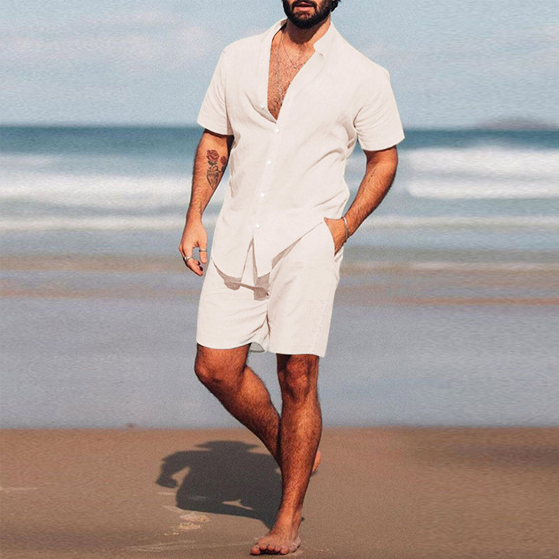 Men Hawaiian Sets Beach Summer Short Sleeve Stand Collar Shirt Board Shorts 2 Pieces Streetwear Cotton Linen Men Set Casual