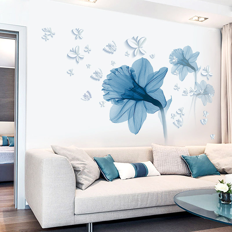 Large Nordic Art Blue Flowers Living Room Decoration Vinyl Wall Stickers DIY Home Decor Modern Bedroom Wall Posters