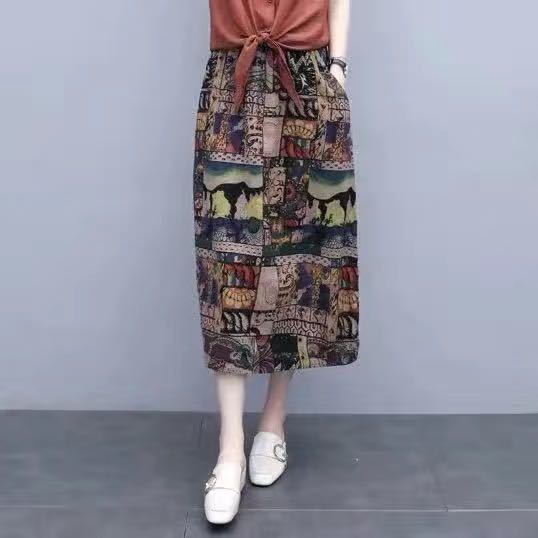 Women Vintage Floral Print Cotton Linen Skirt Autumn Mid Length High Waist Casual Retro Elastic Spring A Line Skirts 220322