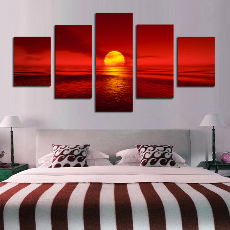 Sunset Red Sun Sea Natural Landscape 5pcs Modern Home Wall Decor Canvas Picture Art HD Print Painting On Canvas for Living Room