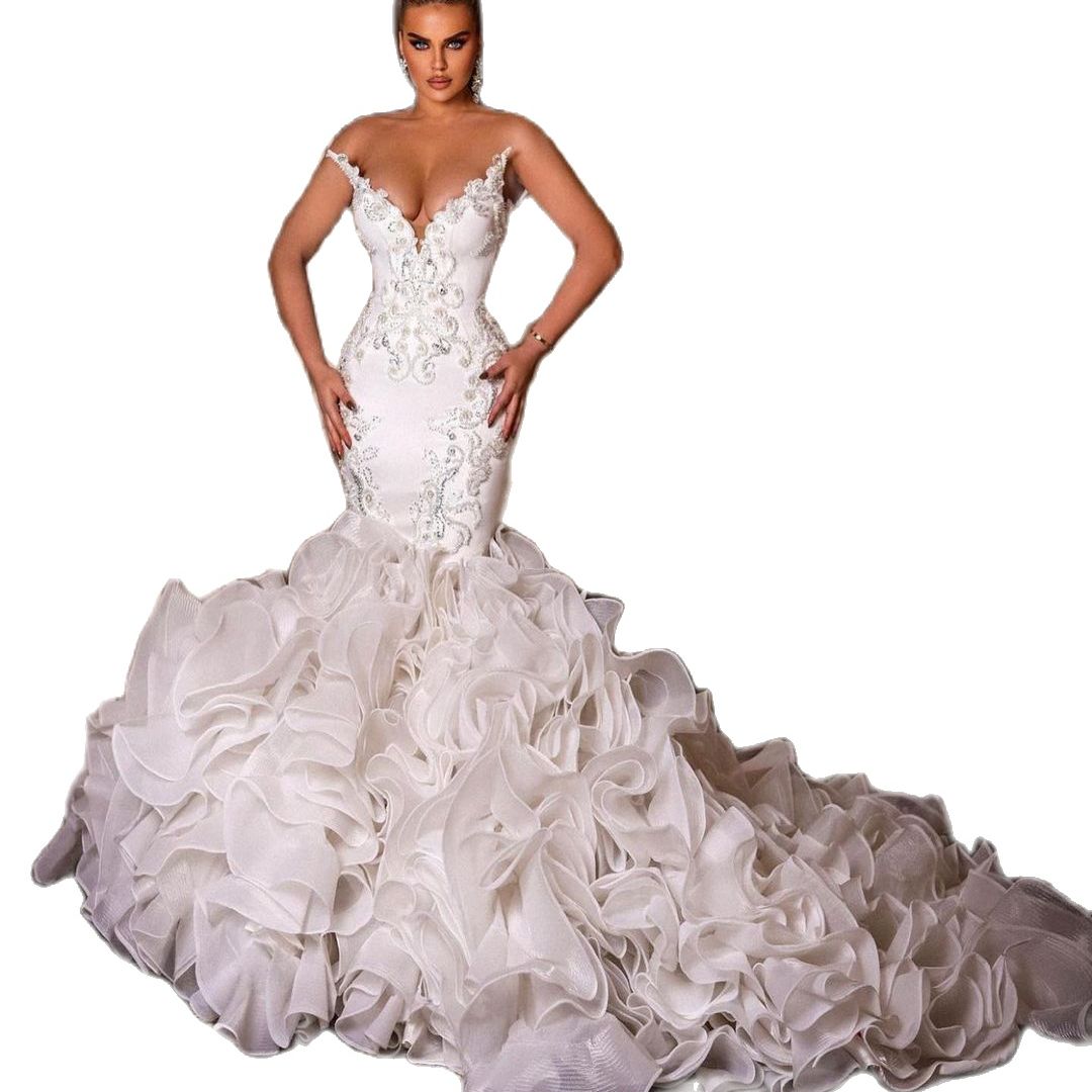 Luxury Mermaid Wedding Dresses V Neck Off Shoulder Beads Lace Cascading Ruffles Sexy Bride Dress Wedding Gowns Custom Made