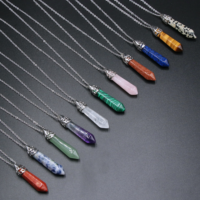 Natural Stone 38mm hexagonal pyramid Pendant necklaces Amethyst Aventurine Rose Quartz Crystal Agates Pendant Necklace