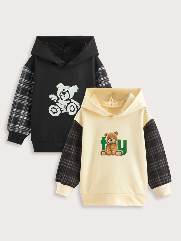 Toddler Boys 2pcs Bear And Plaid Print Drop Shoulder Hoodie SHE