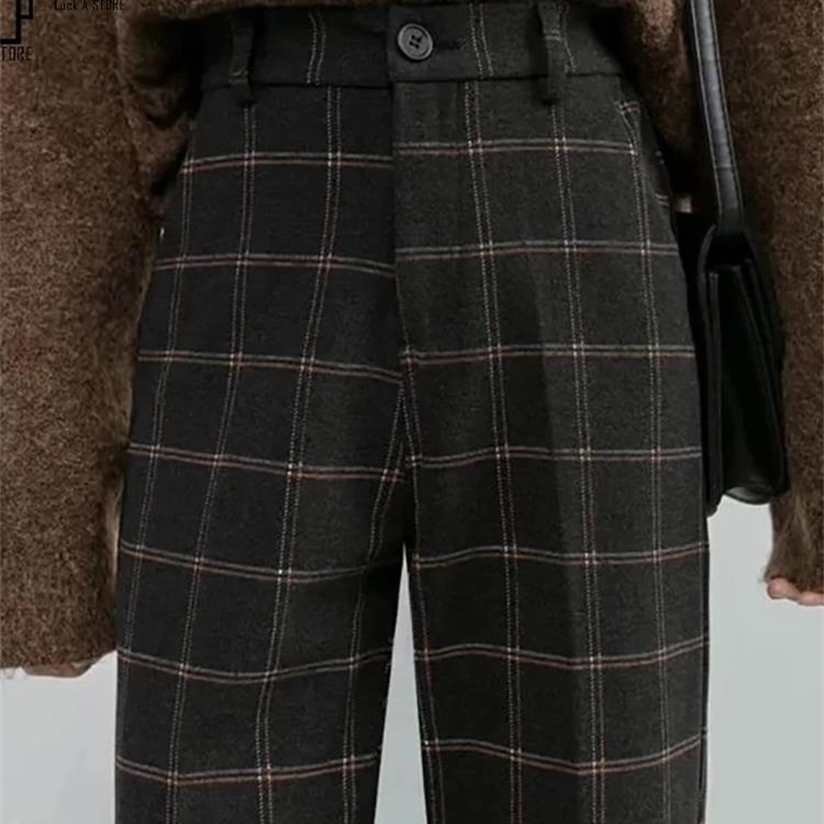 Luck A Autumn Winter Women Plaid Pencil Pants Woolen Straight Trousers Female High Waist Loose England Style Ankle-length 220325