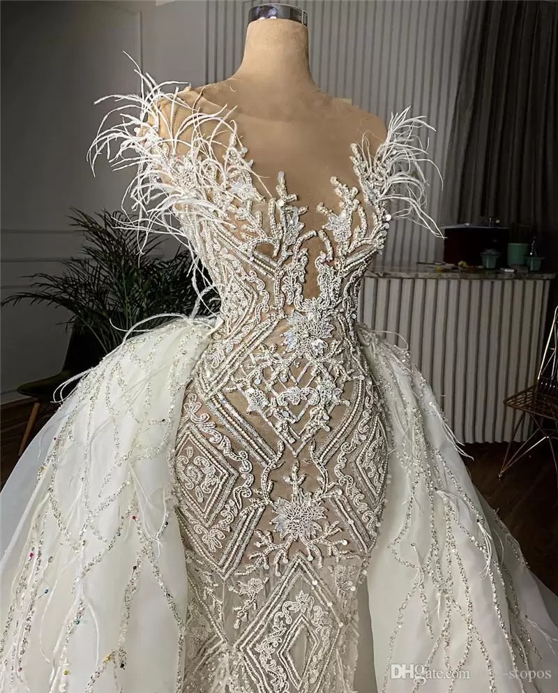 New Arrival Bridal Gown Crystal Beaded Mermaid Wedding Dresses With Detachable Train Appliqued Feathers Saudi Arabic Dubai Luxury