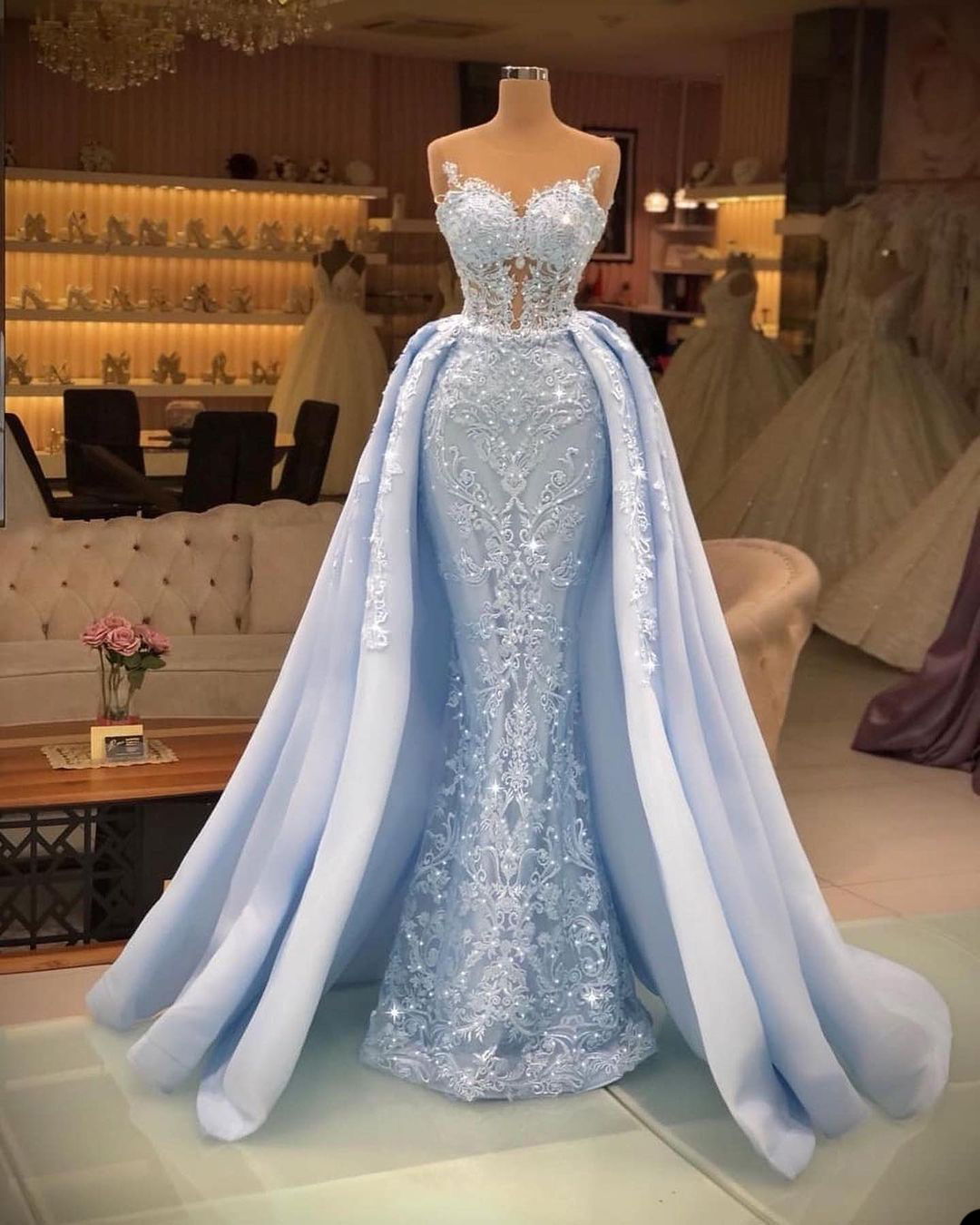 Sky Blue Mermaid Prom Dress 3D Floral Appliques Strapless Beads Evening Dresses Birthday Party Special Occasion Gowns