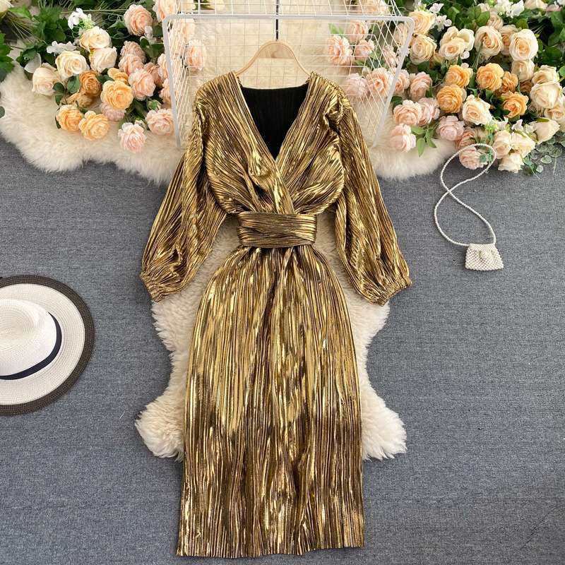 Gold Shimmer Wavsiyier High Waist Boho Luxury Evening Party Dresses Women Runway Long Sleeve Elegant Dress Autumn Spring 220721