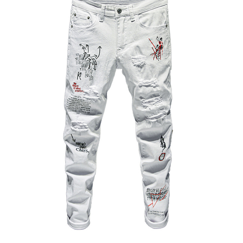 White Jeans Men Fashion Trendy Embroidery Letters College Boys Slim Fit Runway Zipper Denim Pants Destroyed Ripped Jeans Black CX220401