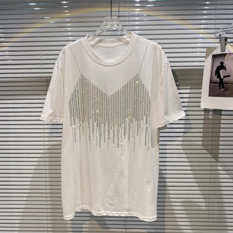 New design womens fashion cool o-neck short sleeve loose rhinestone shinny bling long t-shirt tops