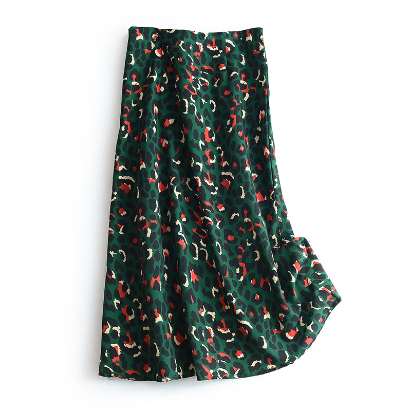 Colorful Leopard Print Long Skirt Women Ladies Green High Waist Split Aline Maxi Skirt Female 220701