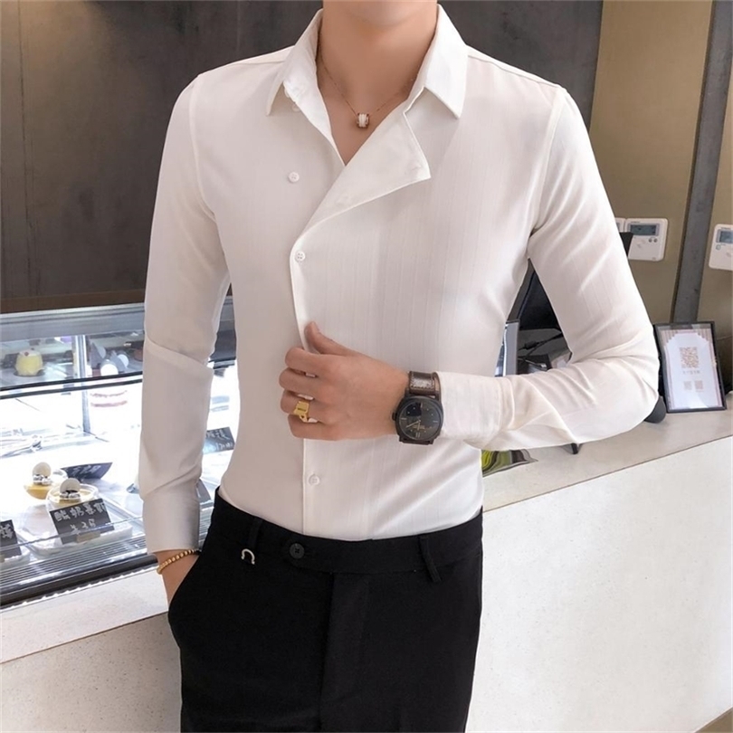 British Style Business Men Dress Shirt Fashion Partial Threshold Shirt Men Long Sleeve Formal Wear Striped Shirt For Men Tuxedo 201124