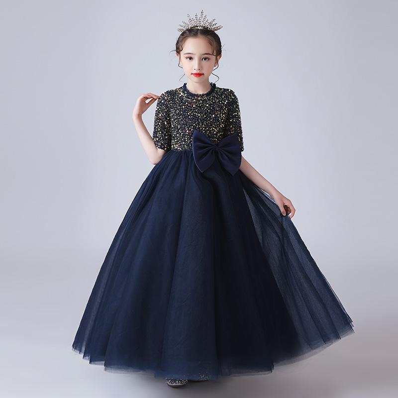 Girl's Dresses Navy Blue Long Children Prom With Bow Modest O-Neck Floor-Length Sequin Tulle Flower Girl For WeddingGirl's
Girl's Dresses Navy Blue Long Children Prom With Bow Modest O-Neck Floor-Length Sequin Tulle Flower Girl For WeddingGirl's