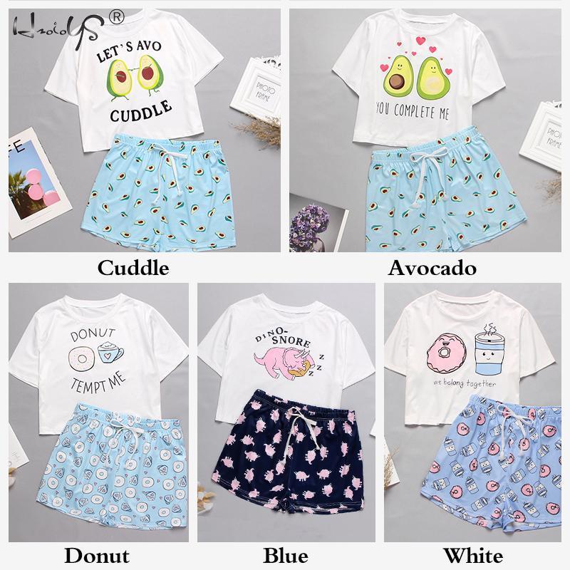 Womens Homewear Cute Cartoon Printed Pajamas Set Casual Short Sleeve T-Shirt Sleepwear Nightwear Summer Pyjama For Women 220329