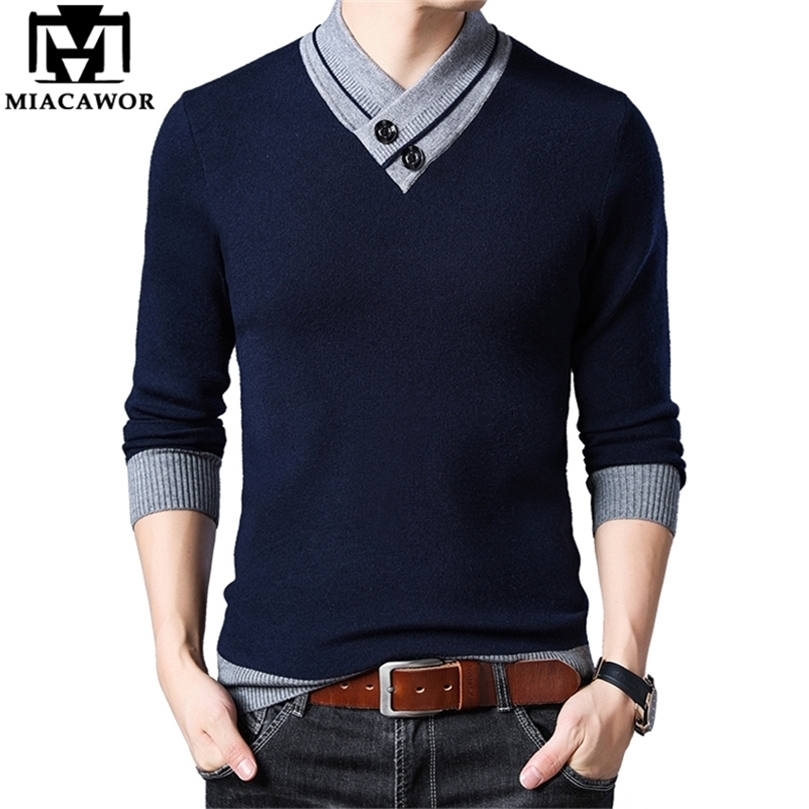 MIACAWOR Cashmere Sweater Men Autumn Winter Thick Warm Pullover Men V-Neck Pull Homme Knitted Wool Sweaters Men Clothes Y269 201224