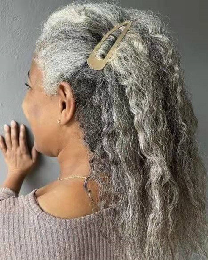 Women girls gray hair ponytail extension silver grey afro bun or puff curly drawstring human hair ponytails clip in real hairpiece