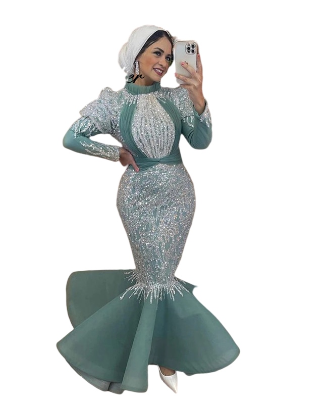 Sage Green Mermaid Arabic Prom Dresses with Long Sleeve Sparkly Crystal Lace High Neck Stain Muslim Dubai Aso Ebi Evening Engagement Gown
