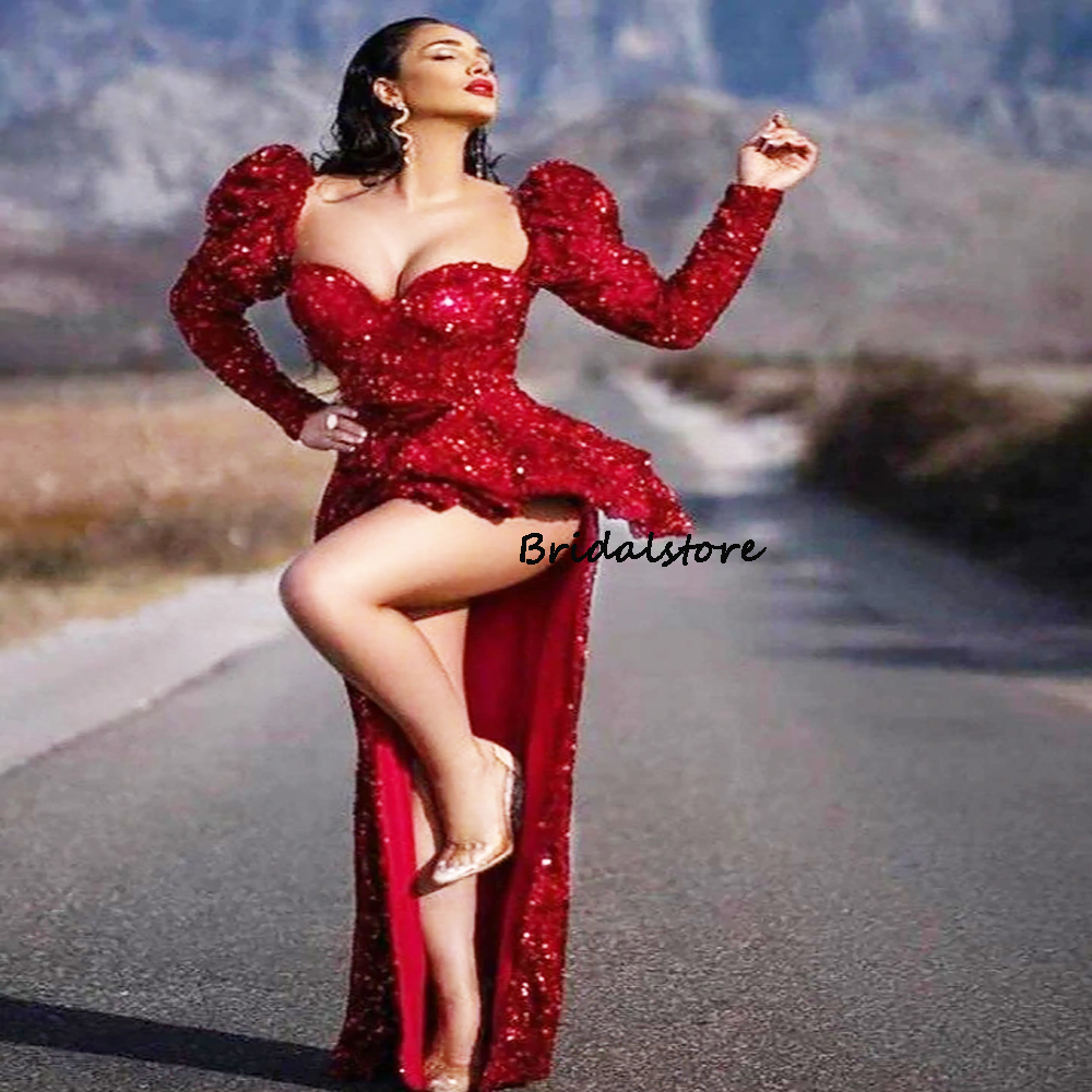 Shiny Sequin Red Prom Dresses 2022 With High Split Sexy Mermaid Evening Dress Long Sleeve Dinner Formal Dance Party Gowns Sparkly Engagement Robes De 