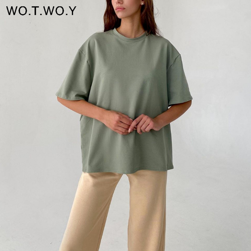 WOTWOY Summer Oversize Short Sleeve T-Shirt Women Casual Basic Tee Shirt O-neck Cotton Black White Harajuku Tops Female 220328