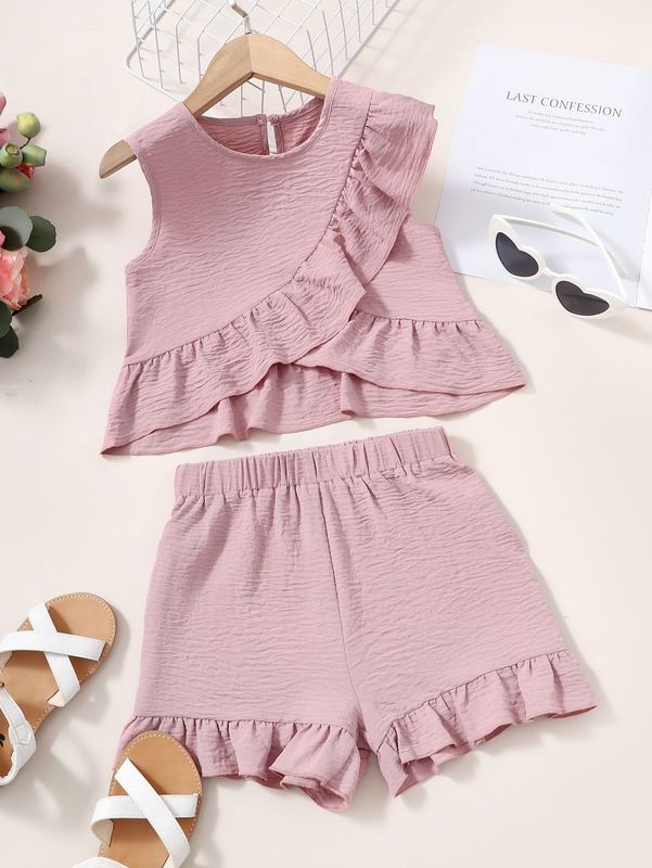 Girls Ruffle Trim Keyhole Back Top & Shorts SHE, Dusty pink