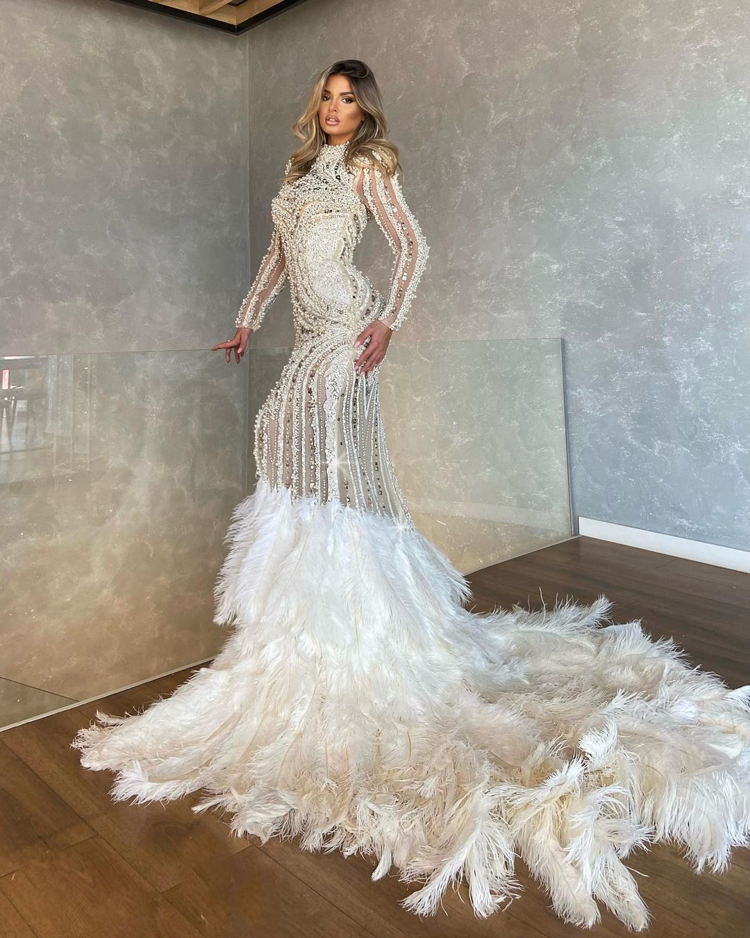 plus size arabic aso ebi luxurious mermaid pearls wedding dress long sleeves feather bridal gowns dresses zj205