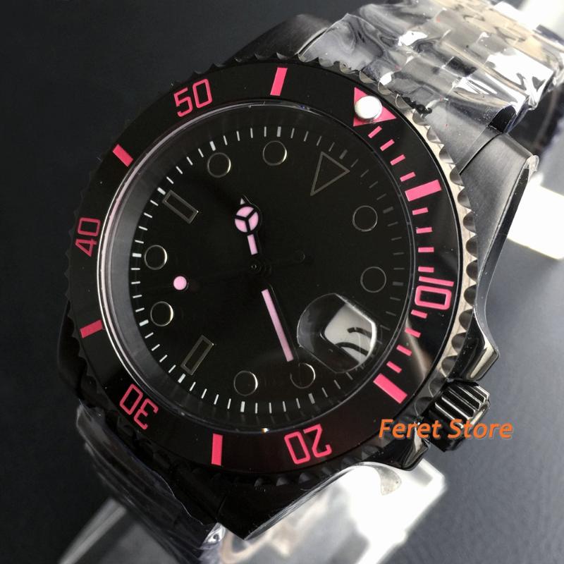 Wristwatches 40mm Black PVD Automatic Mechanical Mens Watch NH35/Miyota8215 Date Sapphire Glass Ceramic Bezel Fashion, Black and pink
Wristwatches 40mm Black PVD Automatic Mechanical Mens Watch NH35/Miyota8215 Date Sapphire Glass Ceramic Bezel Fashion, Black and pink