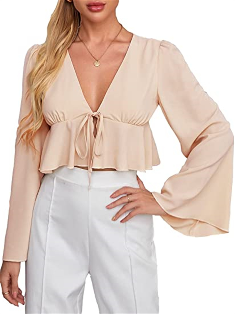 Women's Tops & Tees front lace-up V-neck horn sleeve crop top Flounces hem blouse, Photo color
Women's Tops & Tees front lace-up V-neck horn sleeve crop top Flounces hem blouse, Photo color
