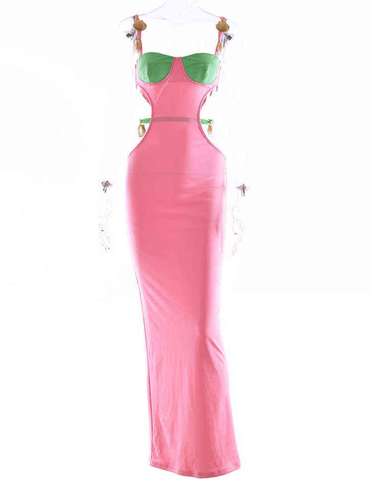 Sexy Slip Maxi Dress Women Sleeveless Cutout Patchwork Long Dresses 2022 Summer Metal Shell Fashion Beach Vacation Lady Vestidos T220816