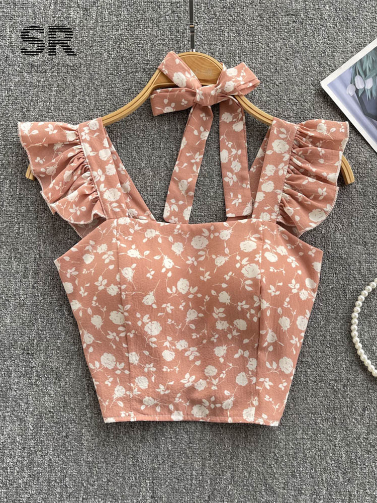 SINGREINY Summer Floral Strap Tops Women Square Neck Bow Ruffles Short Camisole Fashion Korean Flower Ladies Elastic Waist Top 220325