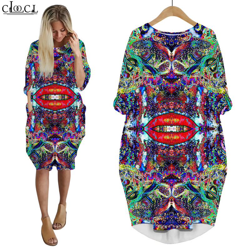 Women Dress Graffiti Visual Vertigo 3D Print Loose Daughter Dresses for Woman Casual Long Sleeve Female Gown Pocket Dress W220616