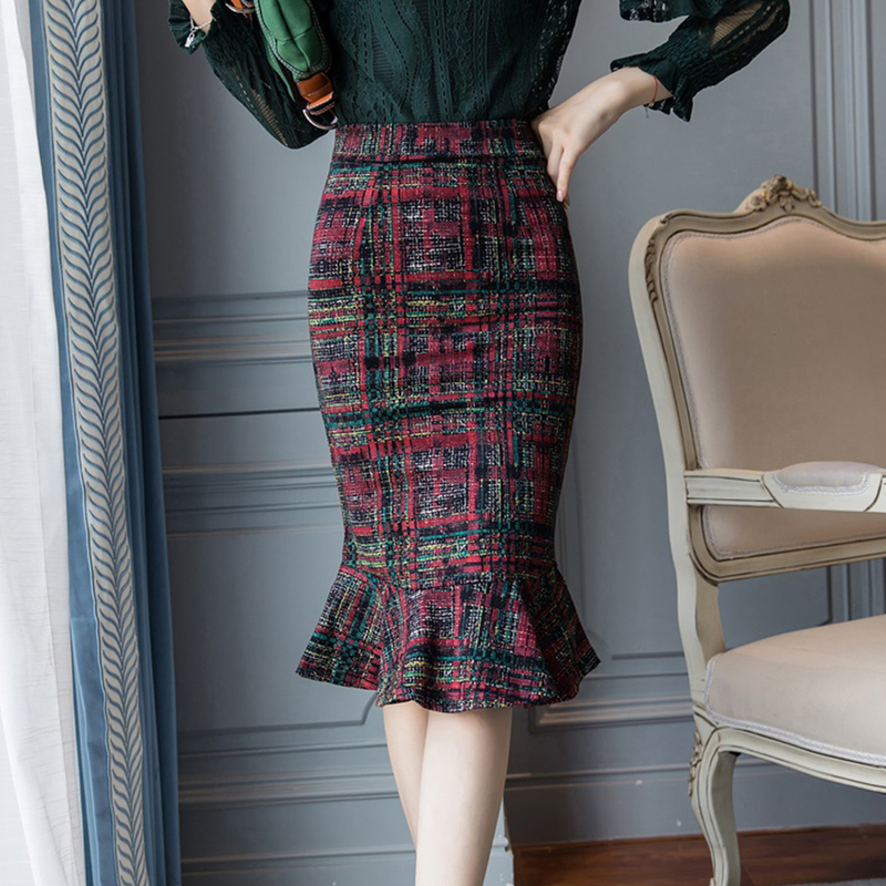 Vintage Korean Fashion Women Mermaid Skirts Elegant Japanese Office Lady High Waist Stretch Plaid Package Hip Jupe Femme 220317