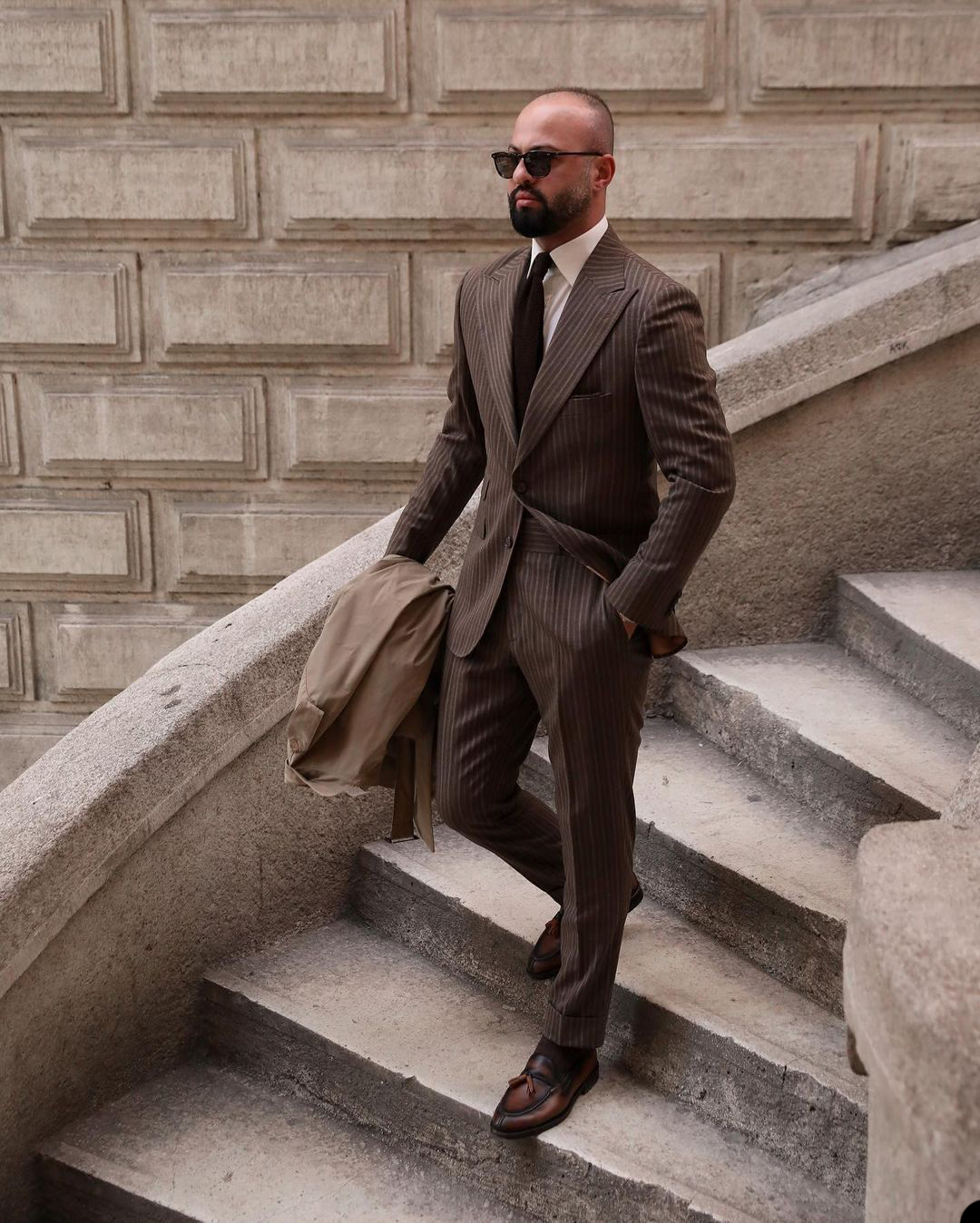 Coffee Pinstripe Men Wedding Tuxedos Slim Fit Groom Dinner Business Evening Suit Birthday Party Wear Blazer 2 Pieces