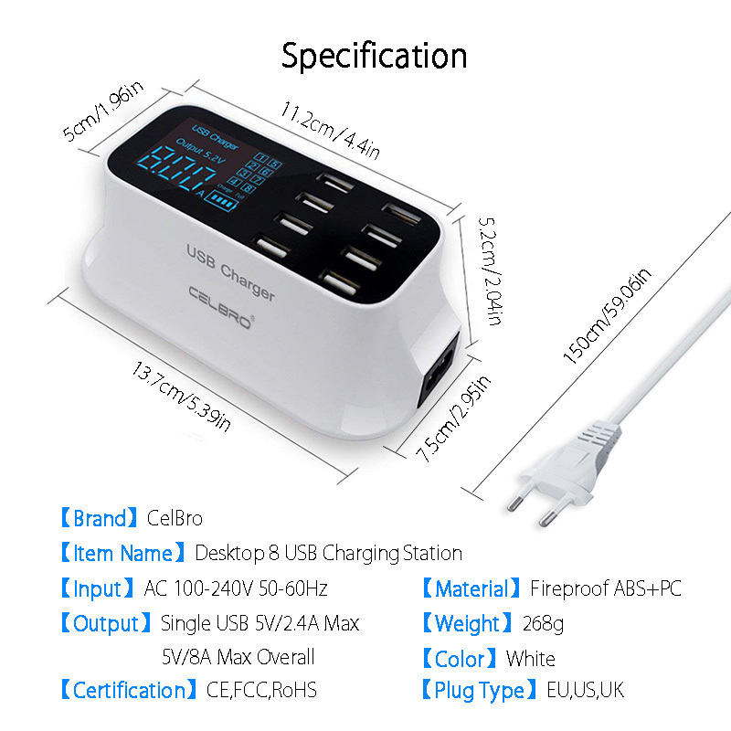 8 Port Wall Usb Hub Charger Adapter 8a Multiple For Mobile Phone Led Desktop Charging Station Base Eu Us Uk Plug