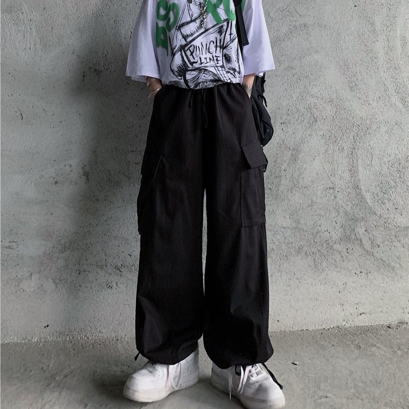 QWEEK Harajuku White Cargo Pants Women Vintage HIgh Waist Hip Hop Streetwear Pockets Straight Joker Black Trousers For Female
