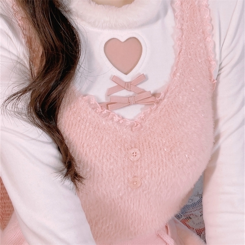 Winter Pink Kawaii Lolita Vest Women Lace Japanese Casual Sweet Cute Tanks Bow Warm Princess Camisole Korean Style Clothing 220325