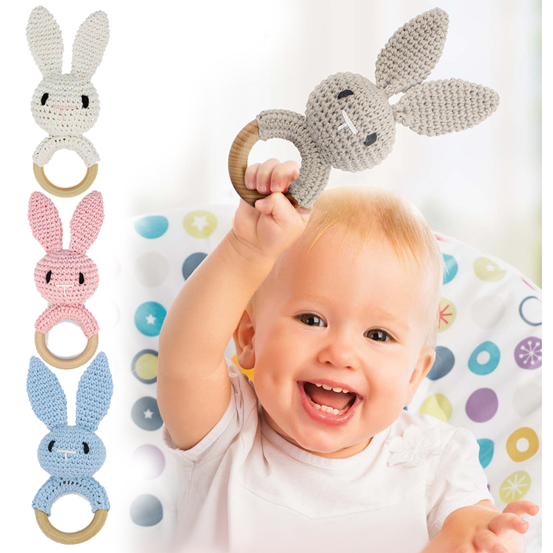 1Set Crochet Bunny Baby Teether Rattle Safe Beech Wooden Teether Ring Pacifier Clip Chain Set born Mobile Gym Educational Toy 220514