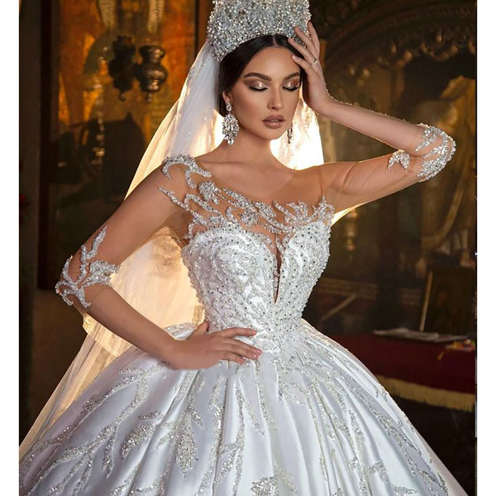 Three Quarter Sleeve Dubai Arab princess Wedding Dress Illusion Crystal Appliques cathedral train Saudi Arabic Bridal Gown