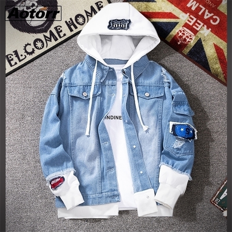 Mens Denim Jacket Hooded Trendy Fashion Hip Hop Streetwer Ripped Denim Jacket Men Jeans Jacket Cowboy Coats Man Clothing 201128